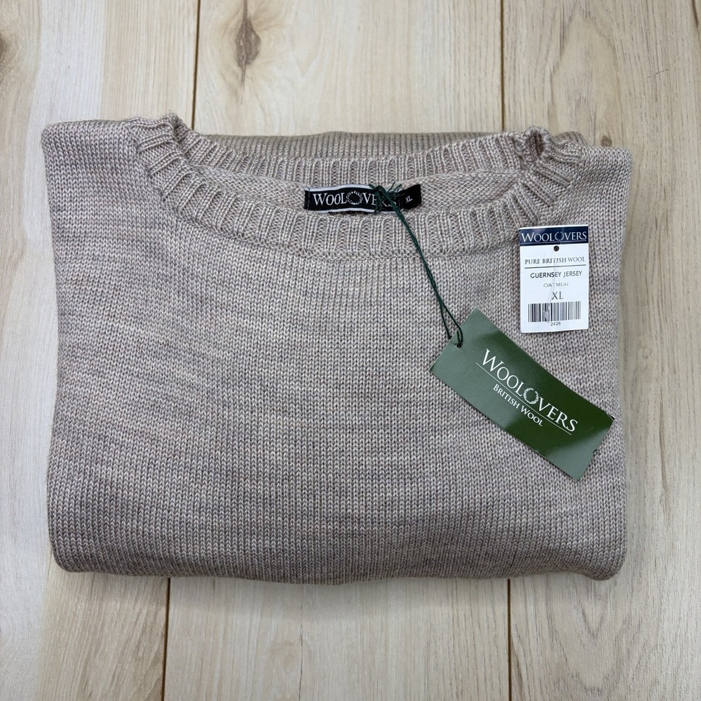 NEW WoolOvers British Wool Guernsey Jersey Knit Sweater Mens XL Crew Neck Beige